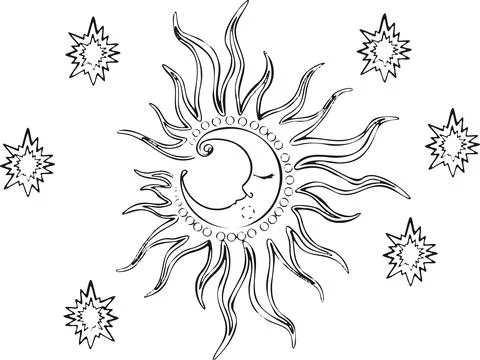 Line vector month the moon sleeps in the clouds in the sky Stock Illustration