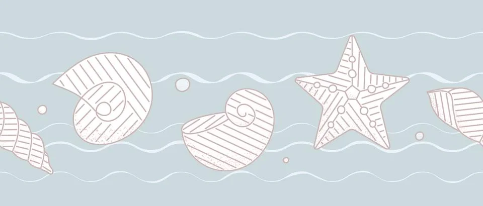 Line vector seamless pattern of line with seashells, seastars. Marine border for 스톡 일러스트