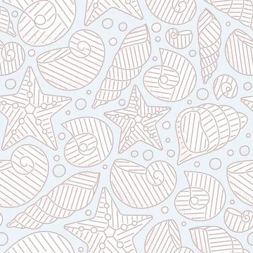 Line vector seamless pattern of line with seashells, seastars. Sea background Illustrazione stock