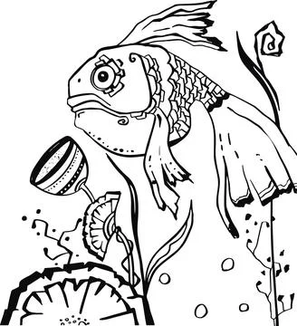 Line vector underwater world fish symbol logo black Stock Illustration
