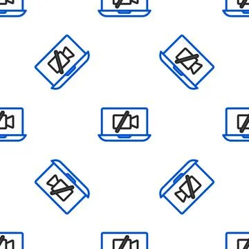 Line Video camera Off on laptop screen icon isolated seamless pattern on white Illustrazione stock