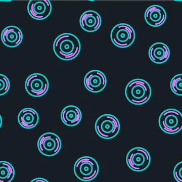 Line Vinyl disk icon isolated seamless pattern on black background. Vector Illustrazione stock