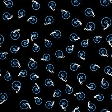 Line Vinyl player with a vinyl disk icon isolated seamless pattern on black Stock Illustration