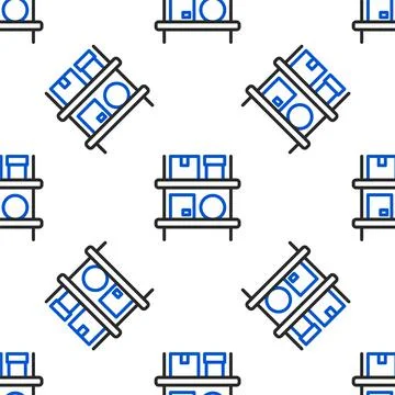 Line Warehouse interior with boxes on racks icon isolated seamless pattern on 스톡 일러스트