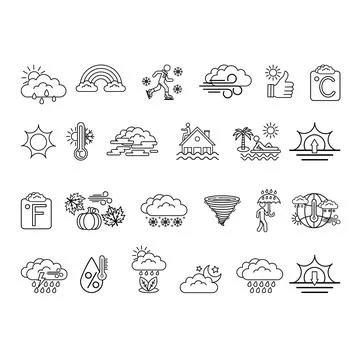 Line Weather Icon Set. Vector Icons Temperature, Sun, Rain, Wind, Snow, Rai.. 스톡 일러스트