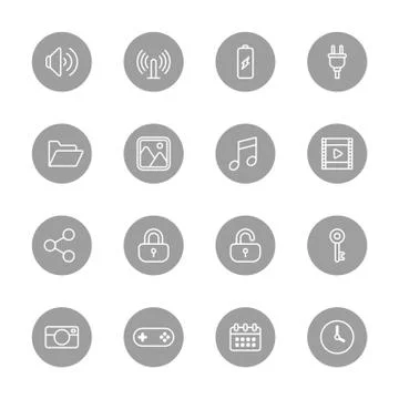 Line web icon set on gray circle Stock Illustration