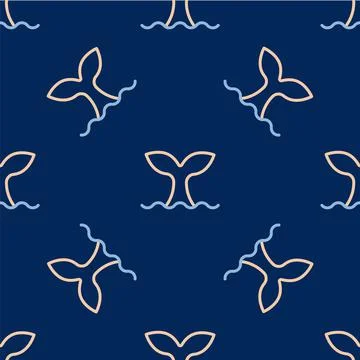 Line Whale tail in ocean wave icon isolated seamless pattern on blue background Illustrazione stock