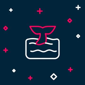 Line Whale tail in ocean wave icon isolated on blue background. Colorful outline Illustration