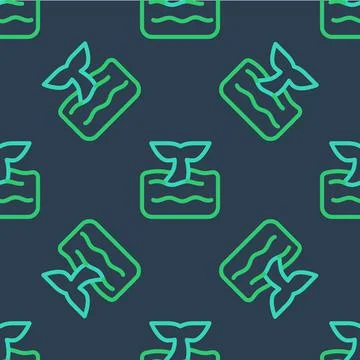 Line Whale tail in ocean wave icon isolated seamless pattern on blue background Illustrazione stock