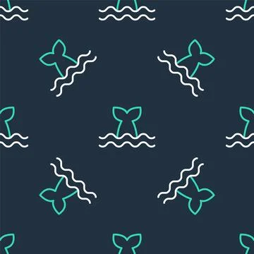 Line Whale tail in ocean wave icon isolated seamless pattern on black backgro Stock Illustration