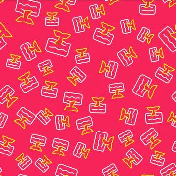 Line Whale tail in ocean wave icon isolated seamless pattern on red backgro.. Illustrazione stock