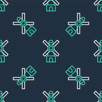 Line Windmill icon isolated seamless pattern on black background. Vector Stock Illustration