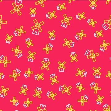 Line Windmill icon isolated seamless pattern on red background. Vector Stock Illustration