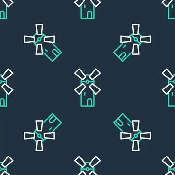 Line Windmill icon isolated seamless pattern on black background. Vector Stock Illustration