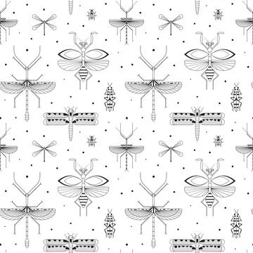 Line Winged Insects Silhouettes Pattern on White Stock Illustration