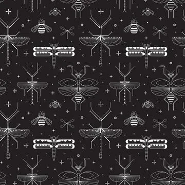 Line Winged Insects Silhouettes Pattern on Black Illustrazione stock