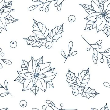 Line winter florral seamless pattern with poinsettia, holly leaves, berries f Stock Illustration