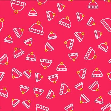 Line Winter hat icon isolated seamless pattern on red background. Vector Illustrazione stock