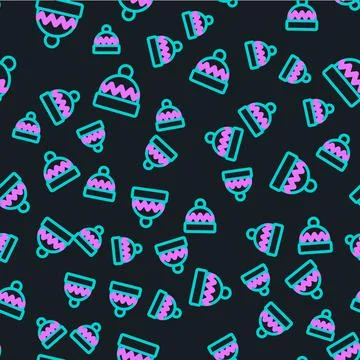 Line Winter hat icon isolated seamless pattern on black background. Vector Stock Illustration