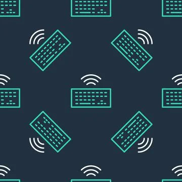 Line Wireless computer keyboard icon isolated seamless pattern on black backg Stock Illustration