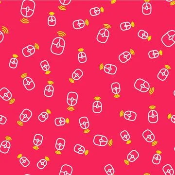 Line Wireless computer mouse icon isolated seamless pattern on red background 스톡 일러스트