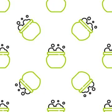 Line Witch cauldron icon isolated seamless pattern on white background. Happy Stock Illustration