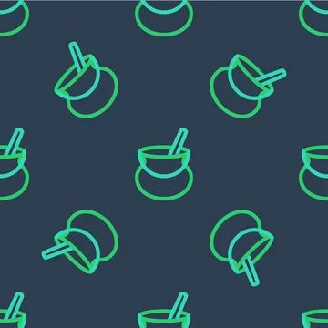 Line Witch cauldron icon isolated seamless pattern on blue background. Happy Stock Illustration
