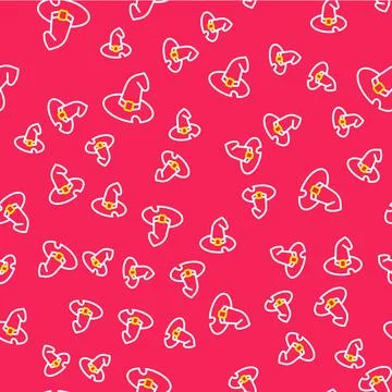 Line Witch hat icon isolated seamless pattern on red background. Happy Halloween Illustrazione stock
