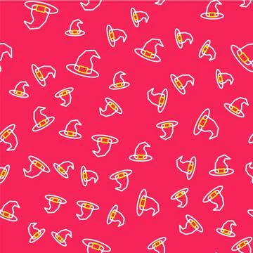 Line Witch hat icon isolated seamless pattern on red background. Happy Halloween 스톡 일러스트