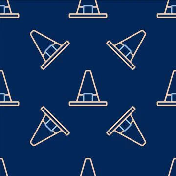 Line Witch hat icon isolated seamless pattern on blue background. Happy Illustrazione stock