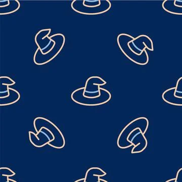 Line Witch hat icon isolated seamless pattern on blue background. Happy 스톡 일러스트