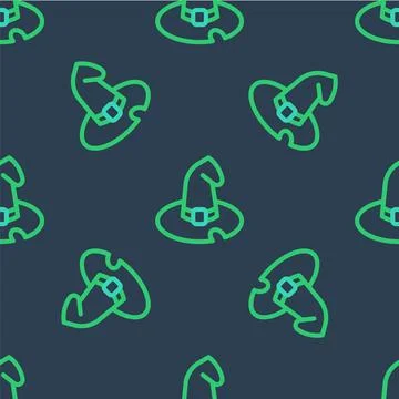 Line Witch hat icon isolated seamless pattern on blue background. Happy Hallo Stock Illustration