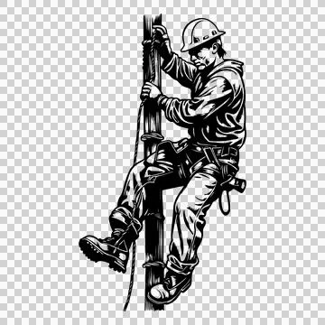 Line Worker Climbing Utility Pole Silhouette helmet rope Stock Illustration