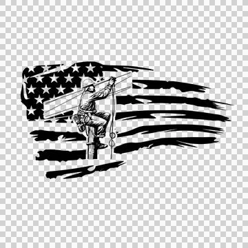 Line Worker On Pole Before Flag Backdrop climbing ladder art 库存插图