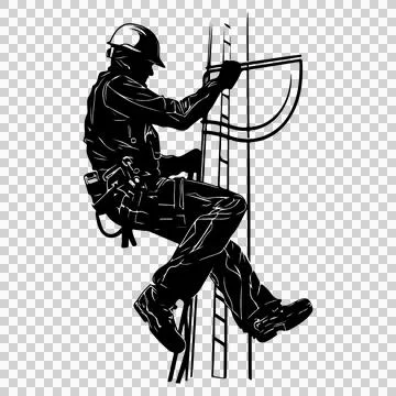 Line Worker On Vertical Ladder Silhouette a Climbing Helmet Stock Illustration