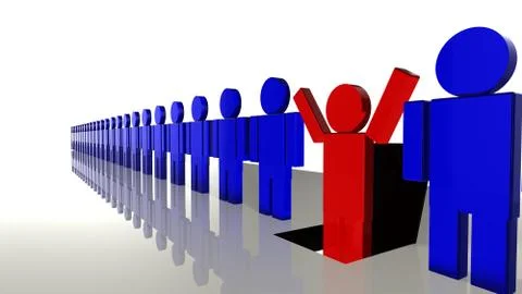 Line of workers with one falling into a trap door Stock Illustration