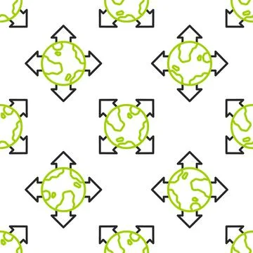 Line World globe with compass icon isolated seamless pattern on white background Illustrazione stock