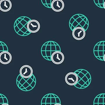 Line World time icon isolated seamless pattern on black background. Clock and 스톡 일러스트