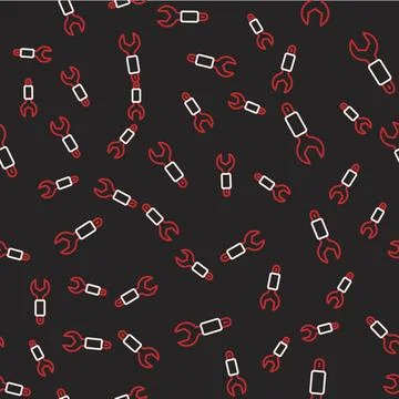 Line Wrench spanner icon isolated seamless pattern on black background. Spa.. 스톡 일러스트