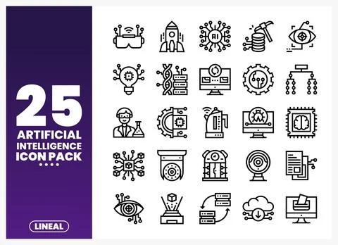 Lineal artificial intelligence icons on purple background. AI icons. 库存插图