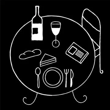 Lineal breakfast table drawing in black and white. Stock Illustration