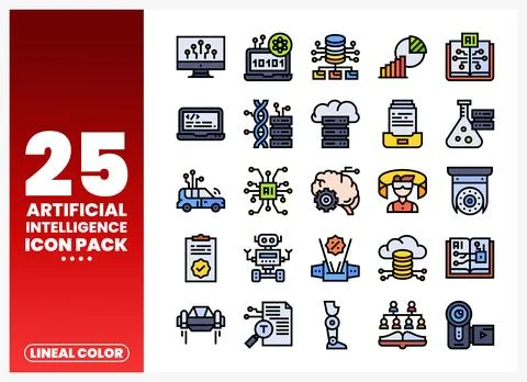 Lineal color artificial intelligence icon pack with machine learning and da.. Stock Illustration