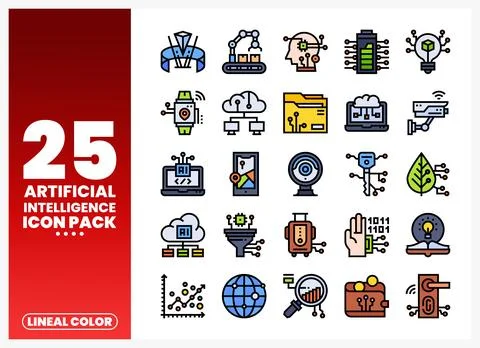 Lineal Color Artificial Intelligence Icons Pack for Tech Design Stock Illustration