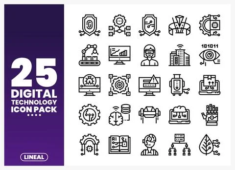 Lineal digital technology icons featuring AI. robotics. and data on a white.. 스톡 일러스트