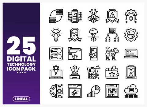 Lineal digital technology icons. featuring server racks. batteries. and lig.. Stock Illustration