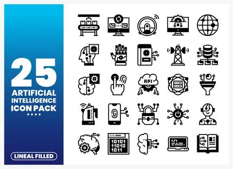 Lineal filled AI icon pack with conceptual graphics on a gradient blue back.. Stock Illustration