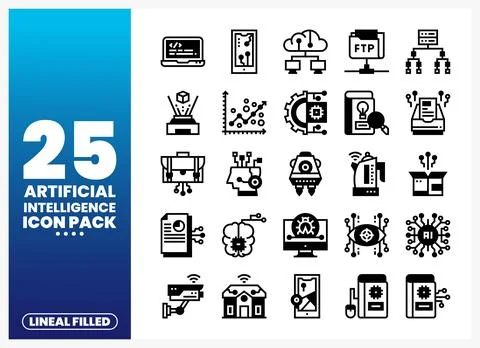 Lineal filled artificial intelligence icons. AI technology symbols for web .. Stock Illustration