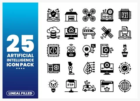 Lineal Filled Artificial Intelligence Icons on Blue Gradient Background Stock Illustration