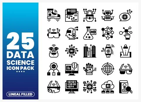 Lineal filled data science icons for technology projects and digital innovati Stock Illustration