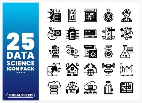 Lineal filled data science icons representing AI. technology. and analytics.. Stock Illustration